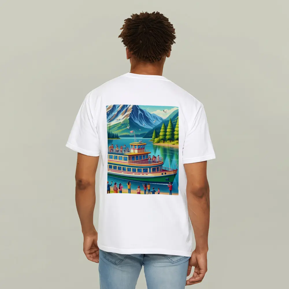 Ferry Boat Mountain Lake Cartoon Art – T-Shirts