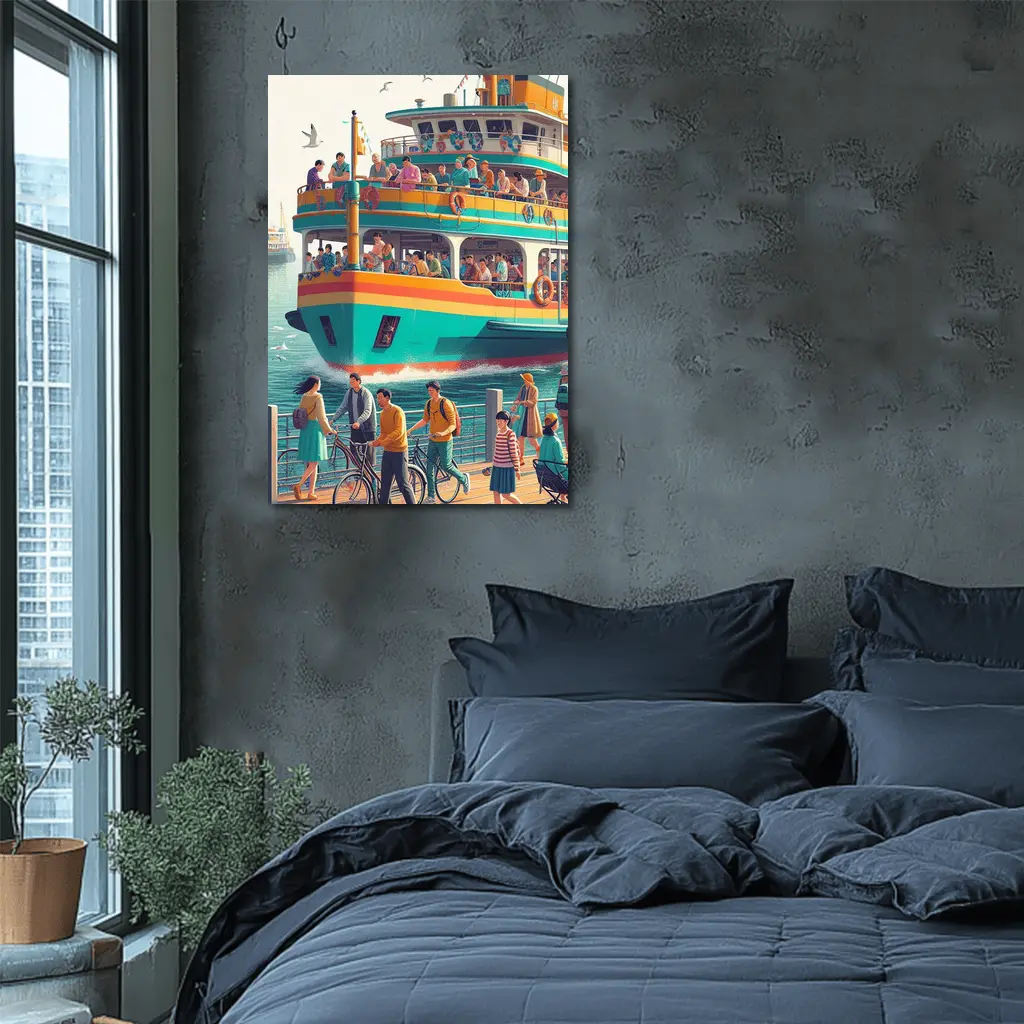 Colorful Ferry Boat Crowded Harbor Scene – Wall Art