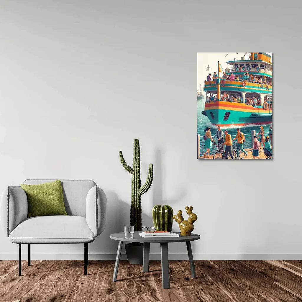 Colorful Ferry Boat Crowded Harbor Scene – Wall Art