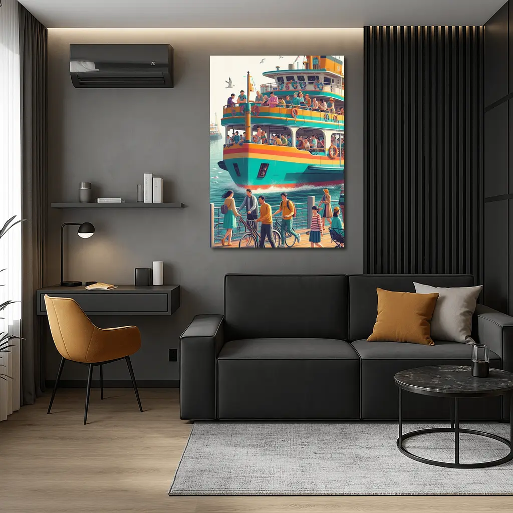 Colorful Ferry Boat Crowded Harbor Scene – Wall Art