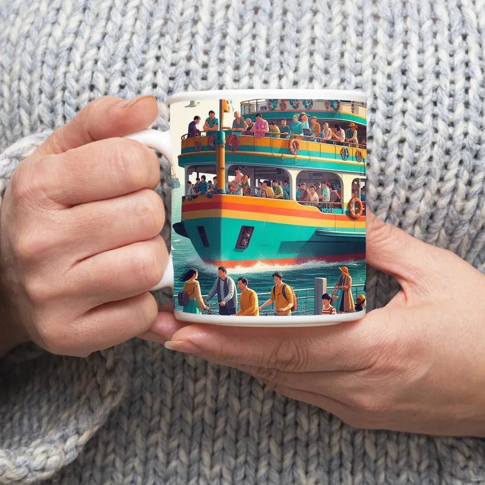 Colorful Ferry Boat Crowded Harbor Scene – Mugs