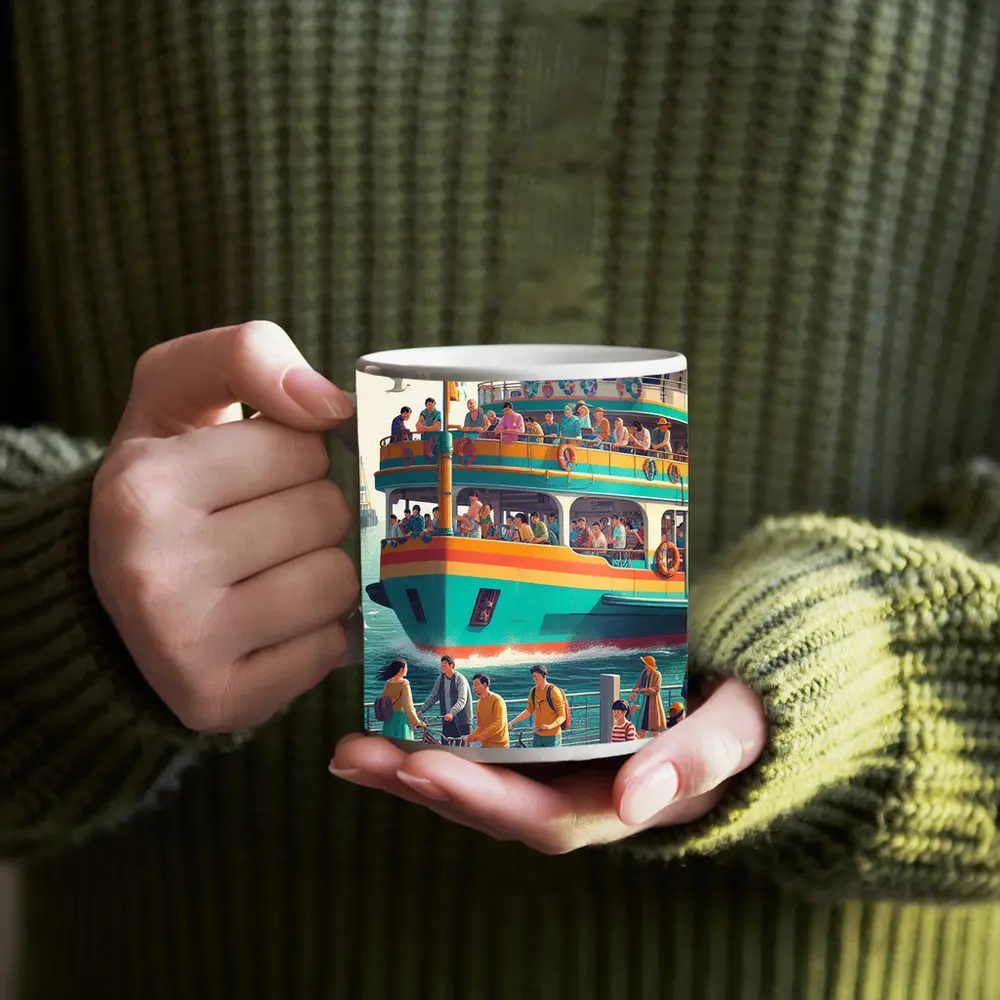 Colorful Ferry Boat Crowded Harbor Scene – Mugs