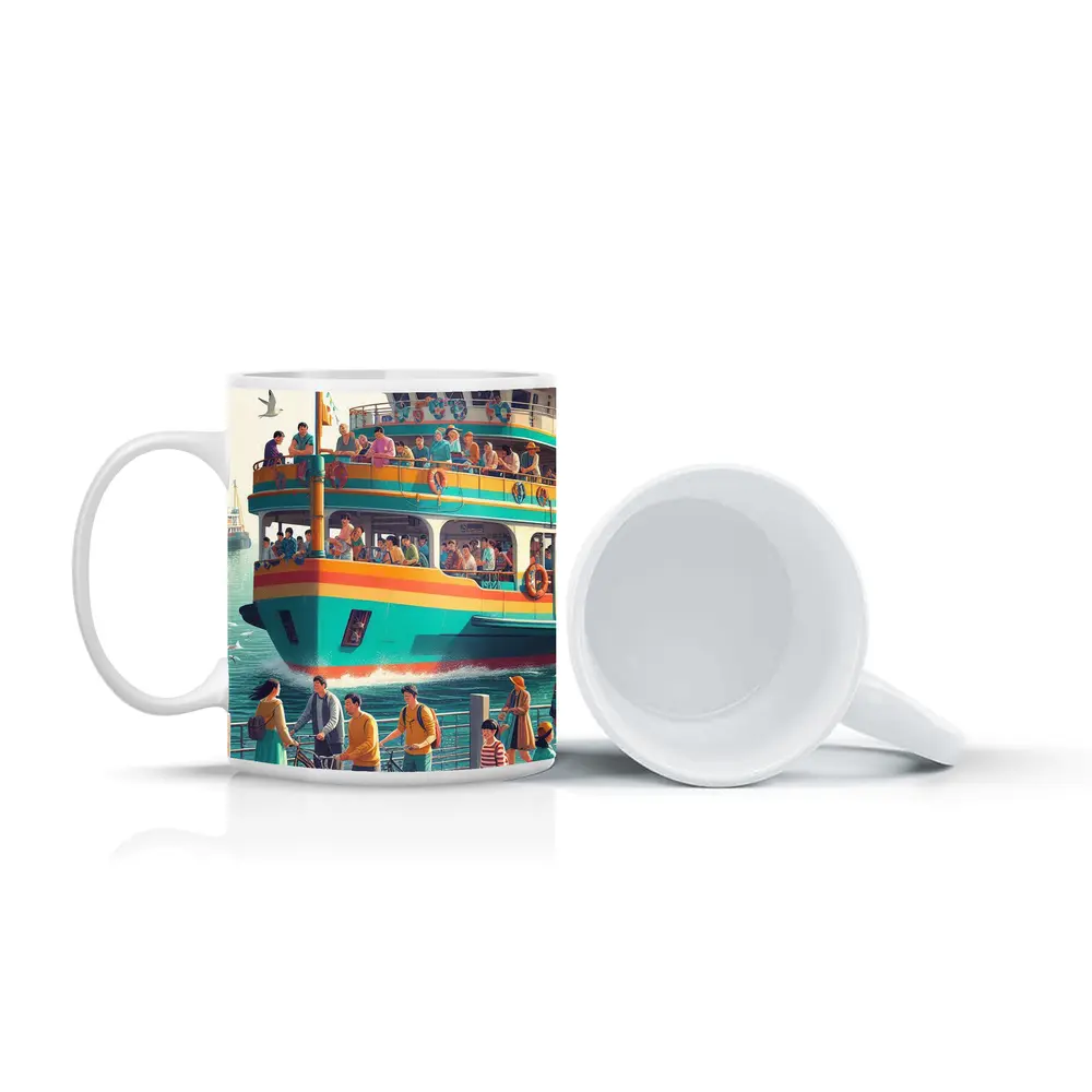 Colorful Ferry Boat Crowded Harbor Scene – Mugs