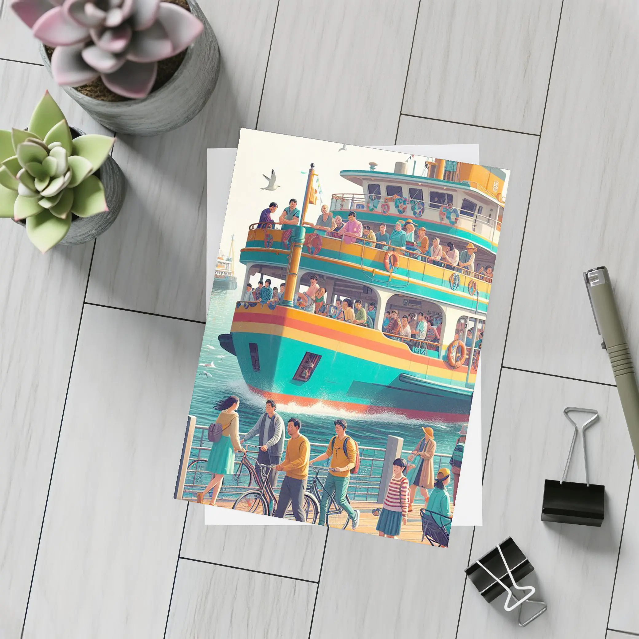 Colorful Ferry Boat Crowded Harbor Scene – Postcards