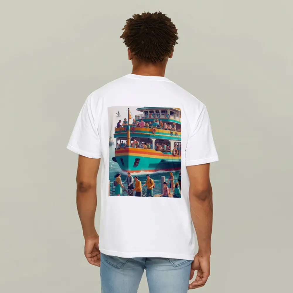 Colorful Ferry Boat Crowded Harbor Scene – T-Shirts