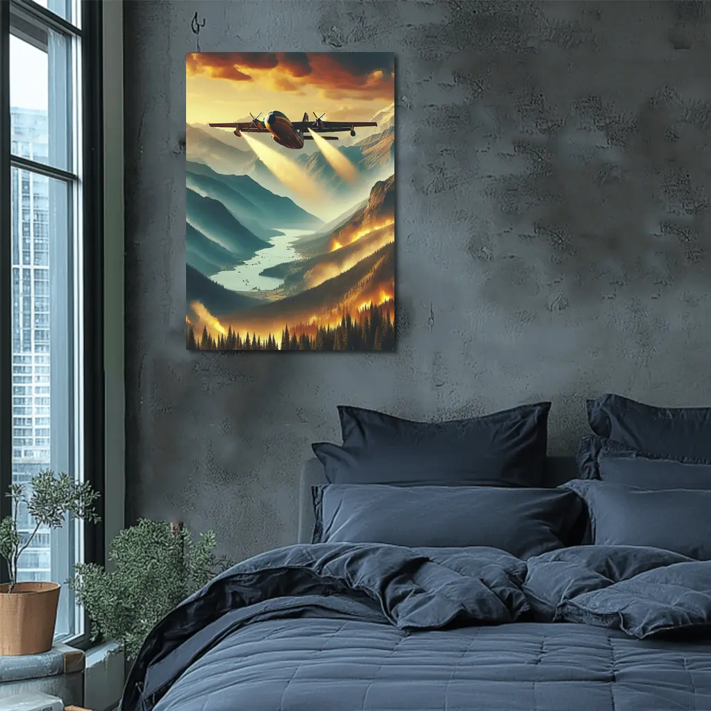 Firefighter Plane Over Burning Mountain Valley – Wall Art