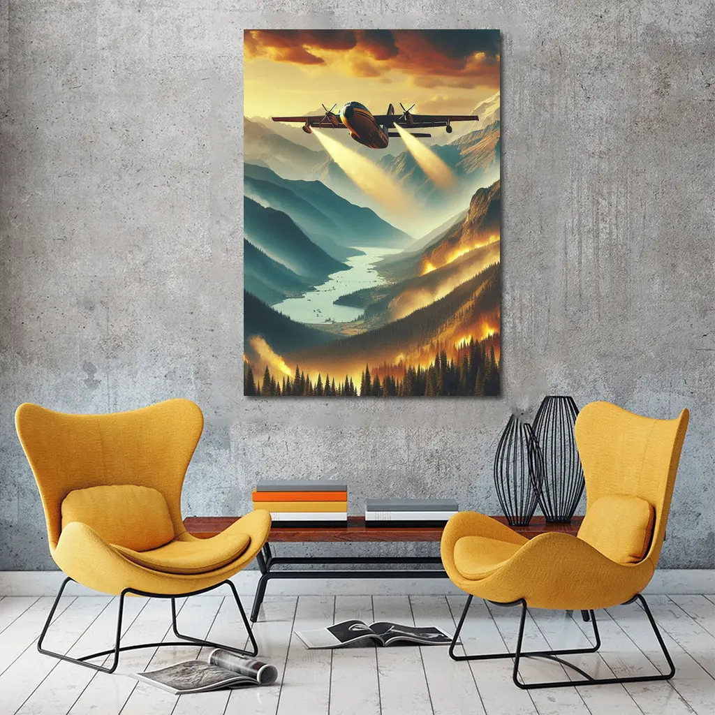Firefighter Plane Over Burning Mountain Valley – Wall Art