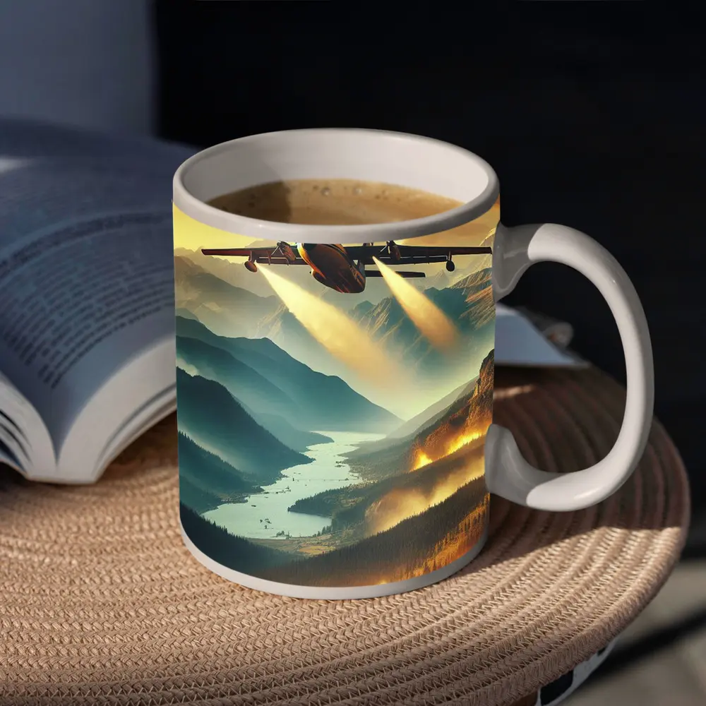Firefighter Plane Over Burning Mountain Valley – Mugs