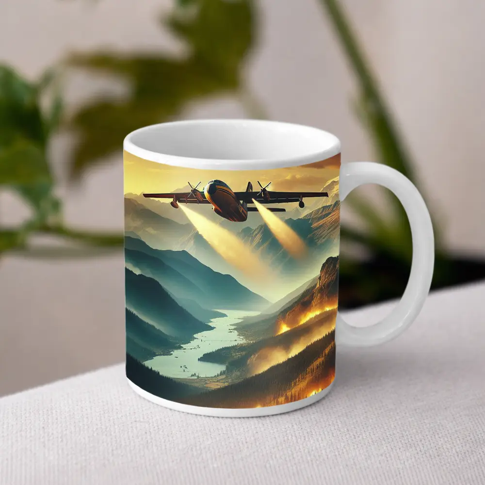 Firefighter Plane Over Burning Mountain Valley – Mugs