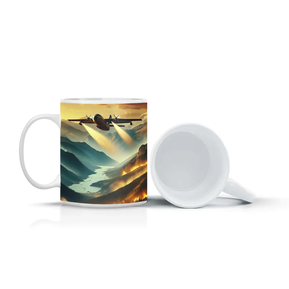 Firefighter Plane Over Burning Mountain Valley – Mugs