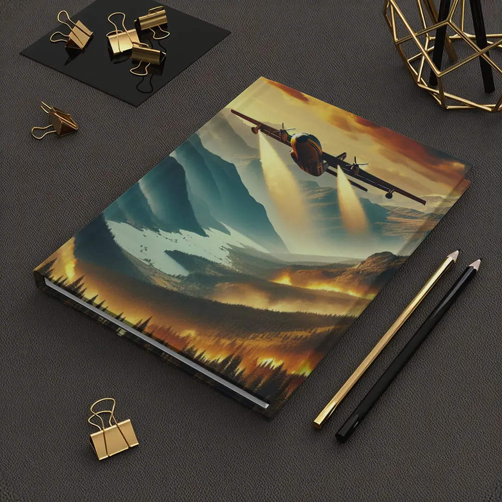 Firefighter Plane Over Burning Mountain Valley – Notebooks