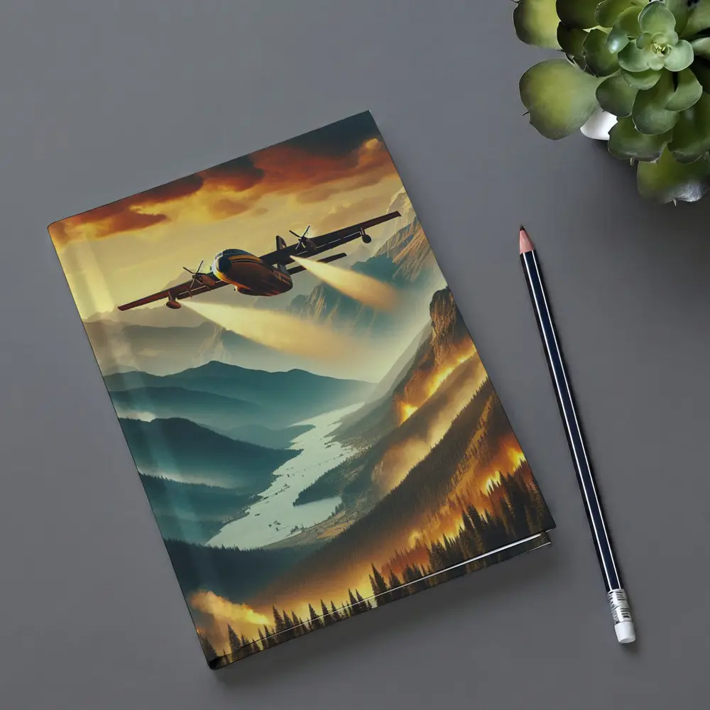 Firefighter Plane Over Burning Mountain Valley – Notebooks