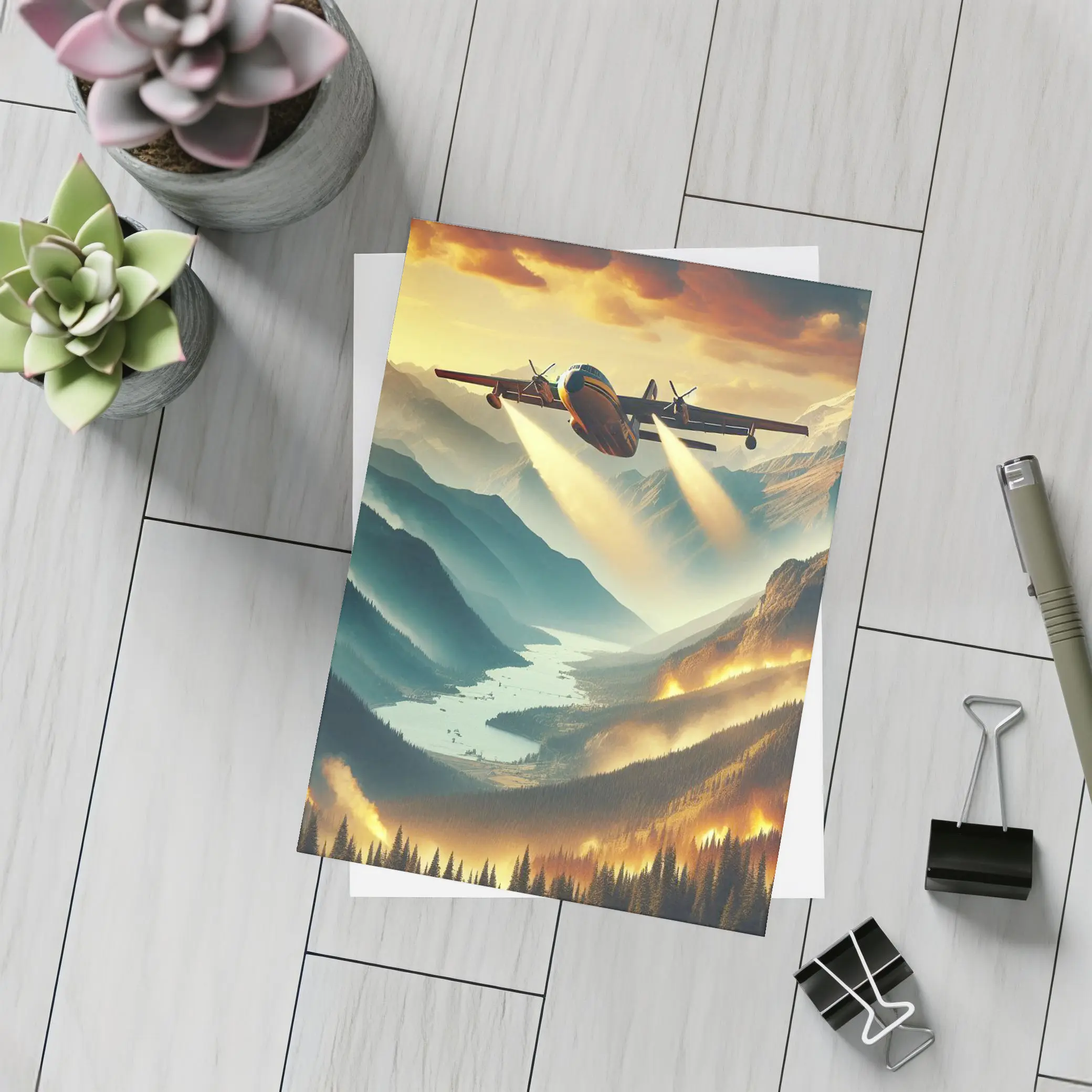 Firefighter Plane Over Burning Mountain Valley – Postcards