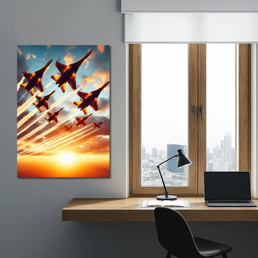 Fighter Jets Formation Flying Sunset Sky – Wall Art
