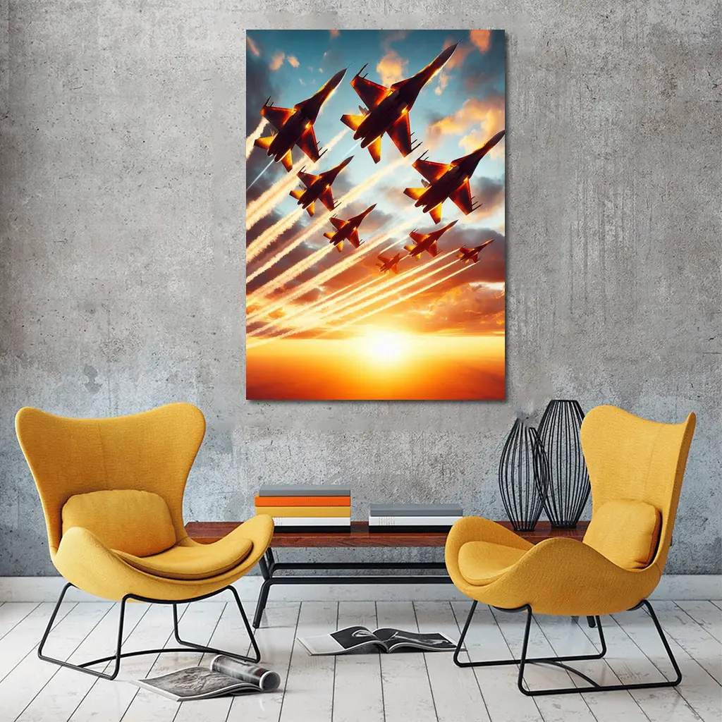Fighter Jets Formation Flying Sunset Sky – Wall Art