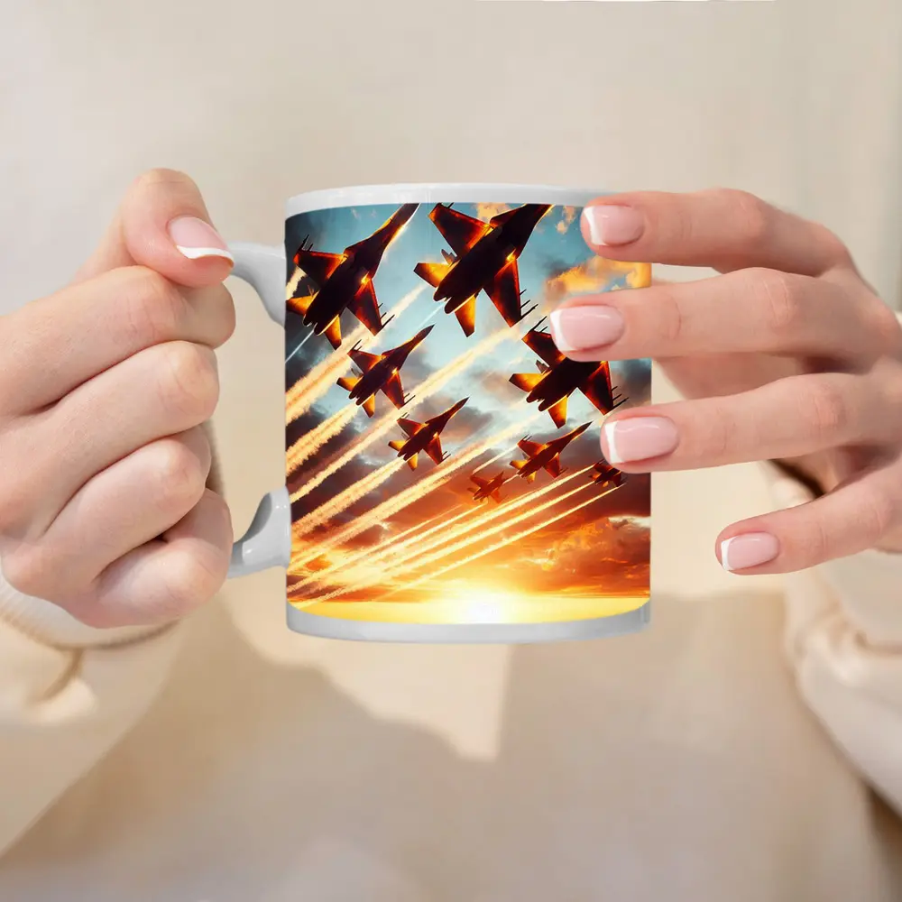 Fighter Jets Formation Flying Sunset Sky – Mugs