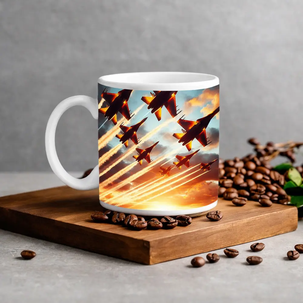 Fighter Jets Formation Flying Sunset Sky – Mugs