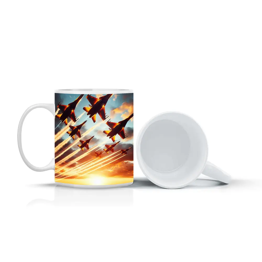 Fighter Jets Formation Flying Sunset Sky – Mugs