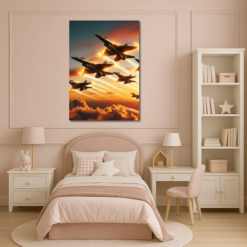 Fighter Jets Flying Over Dramatic Sunset Clouds – Wall Art