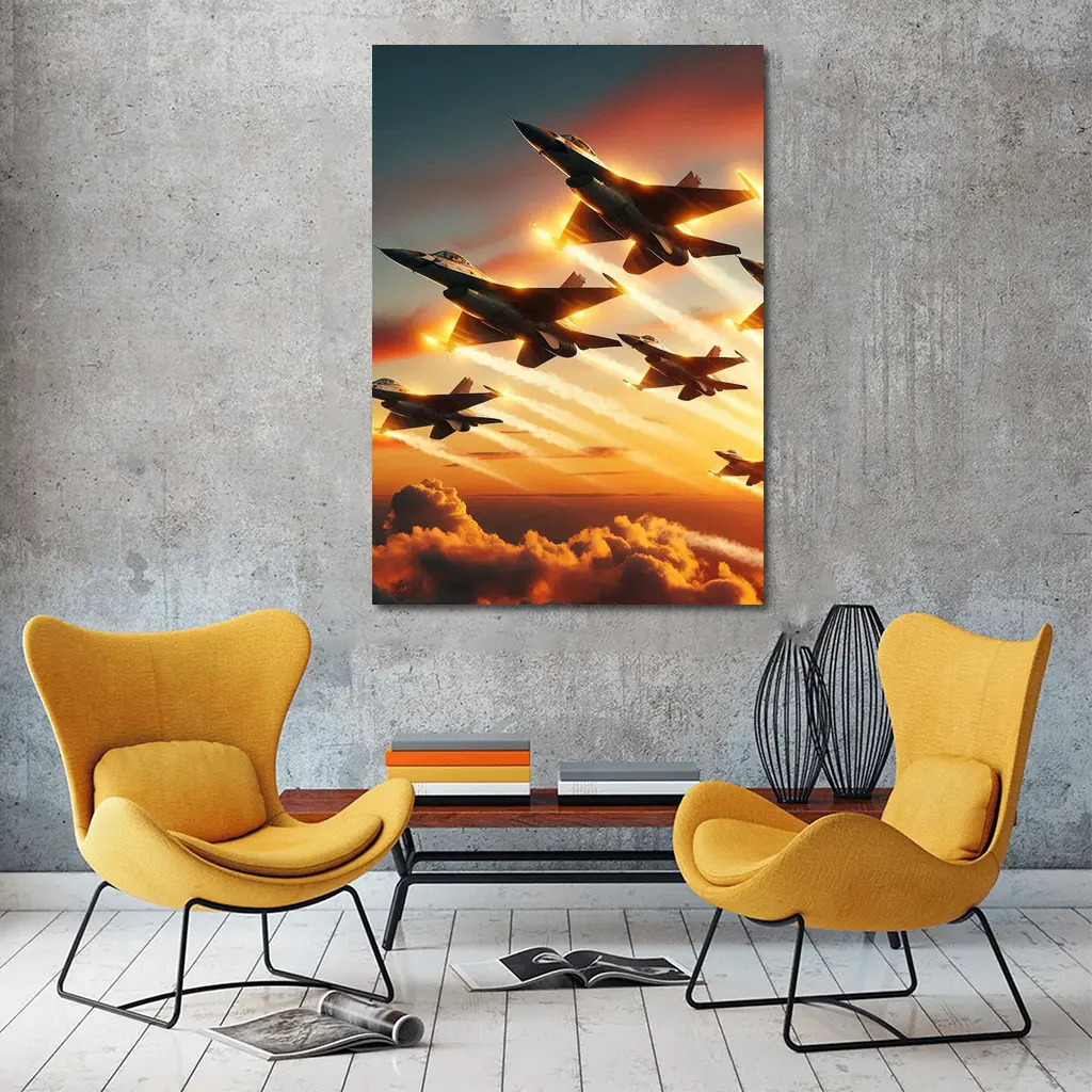 Fighter Jets Flying Over Dramatic Sunset Clouds – Wall Art