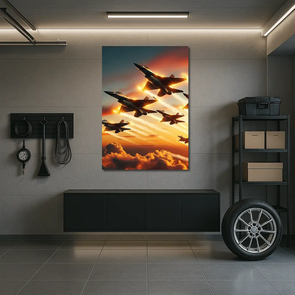 Fighter Jets Flying Over Dramatic Sunset Clouds – Wall Art