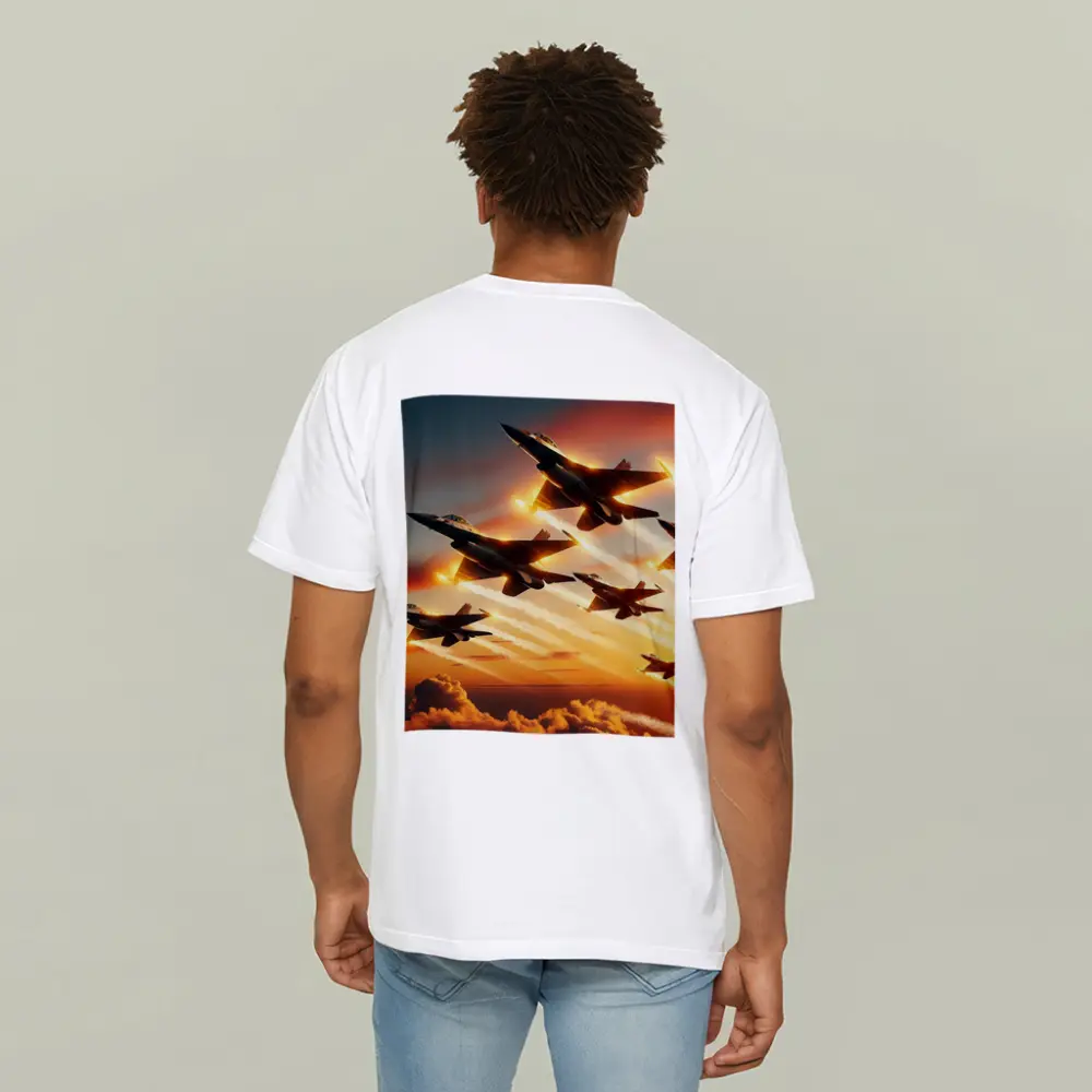 Fighter Jets Flying Over Dramatic Sunset Clouds – T-Shirts