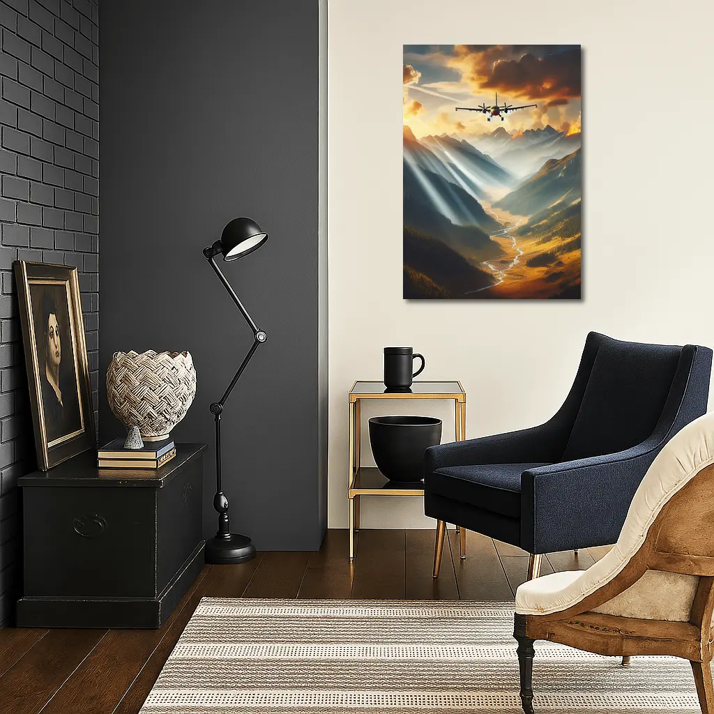 Airplane Flying Over Mountain Valley Sunset – Wall Art