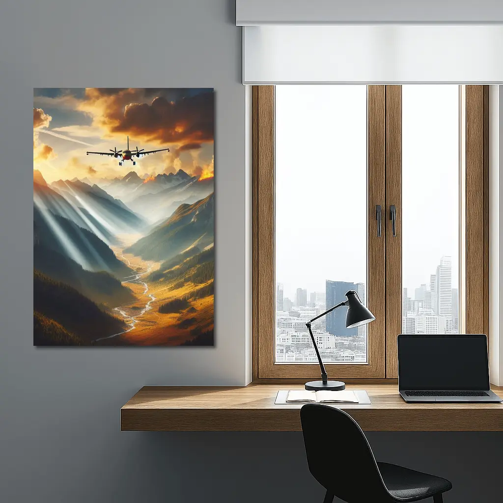 Airplane Flying Over Mountain Valley Sunset – Wall Art
