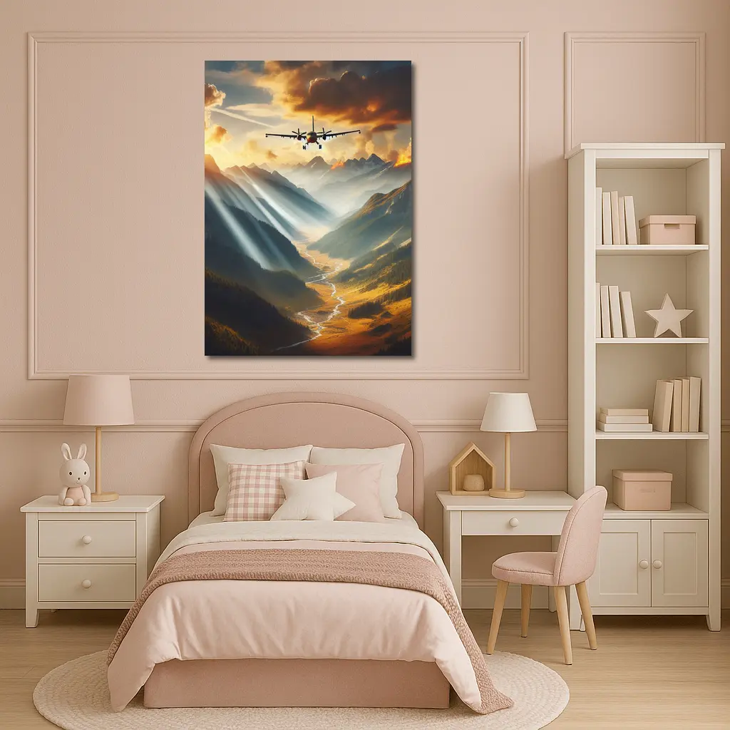 Airplane Flying Over Mountain Valley Sunset – Wall Art