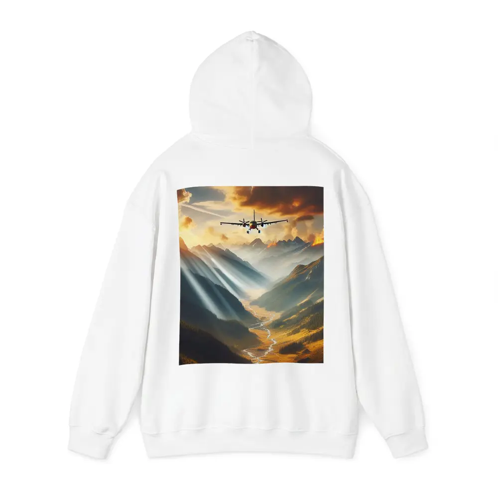 Airplane Flying Over Mountain Valley Sunset – Hoodies