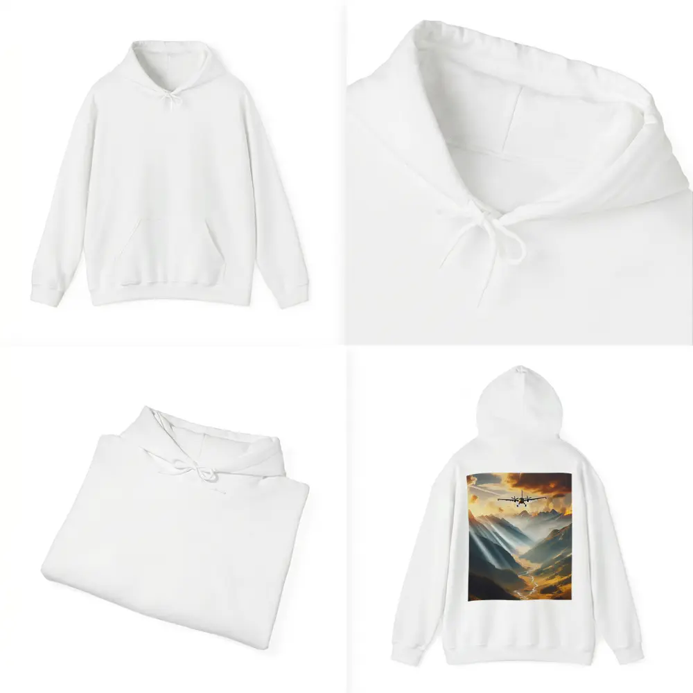 Airplane Flying Over Mountain Valley Sunset – Hoodies