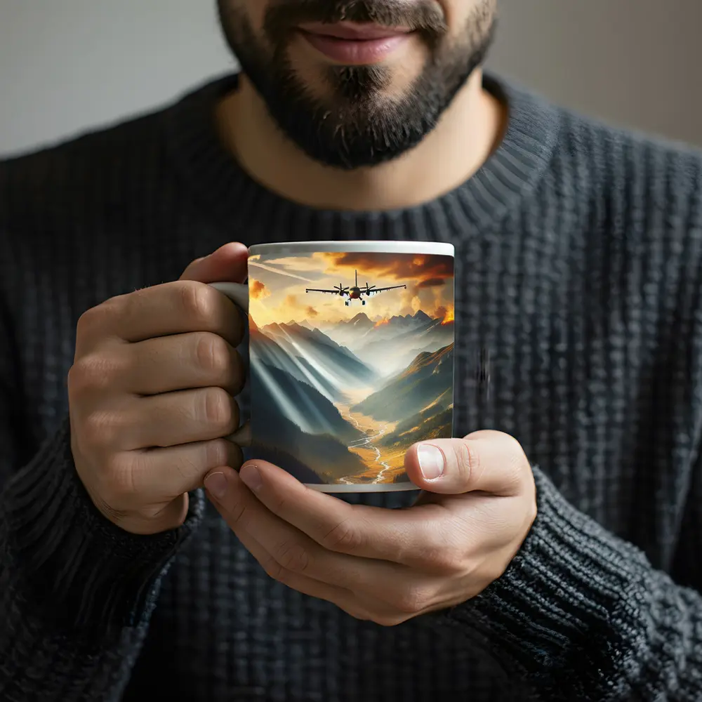 Airplane Flying Over Mountain Valley Sunset – Mugs