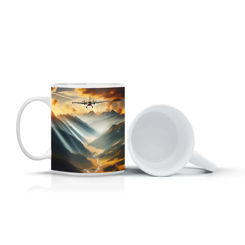 Airplane Flying Over Mountain Valley Sunset – Mugs