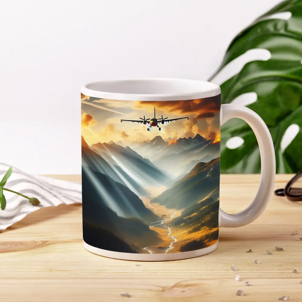 Airplane Flying Over Mountain Valley Sunset – Mugs