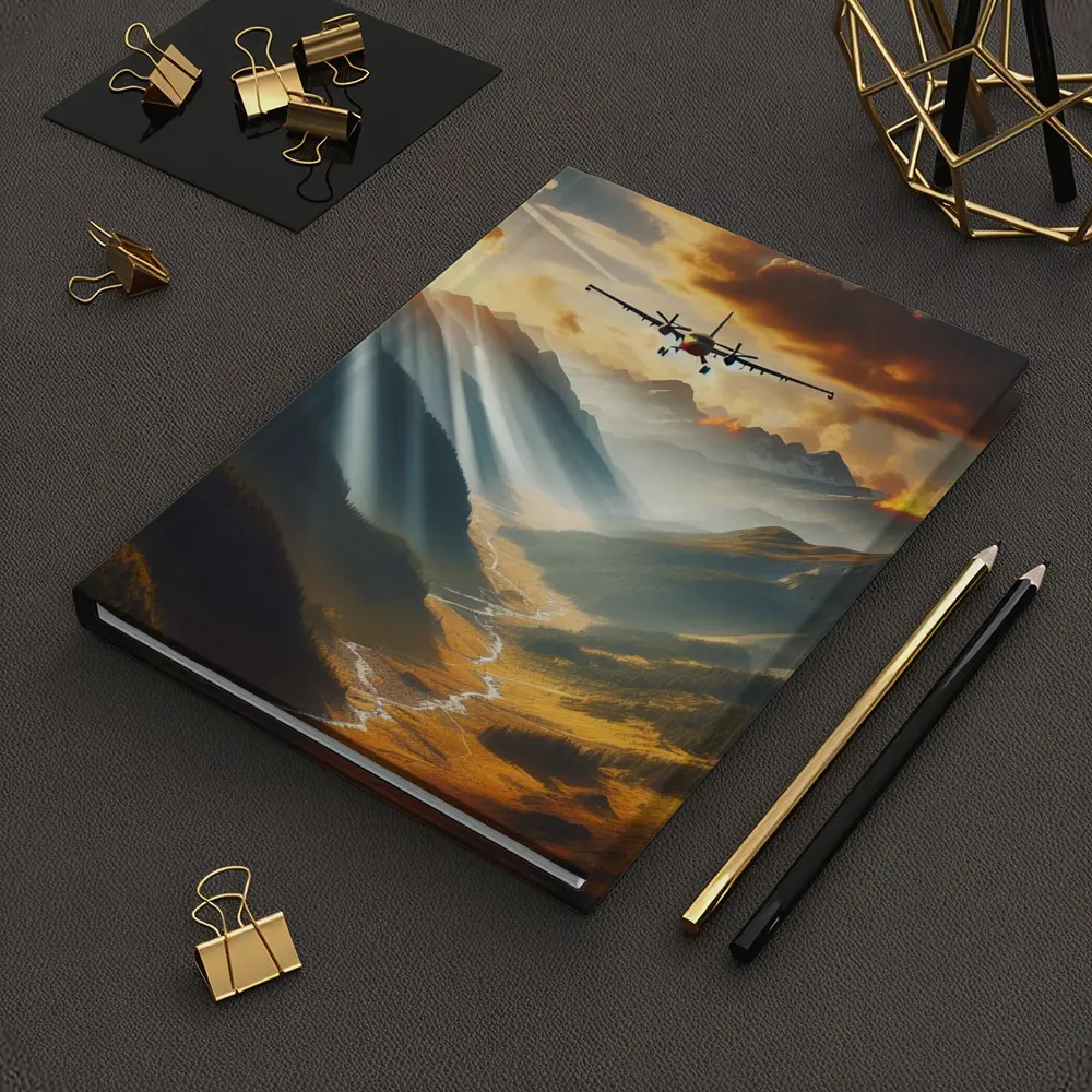 Airplane Flying Over Mountain Valley Sunset – Notebooks