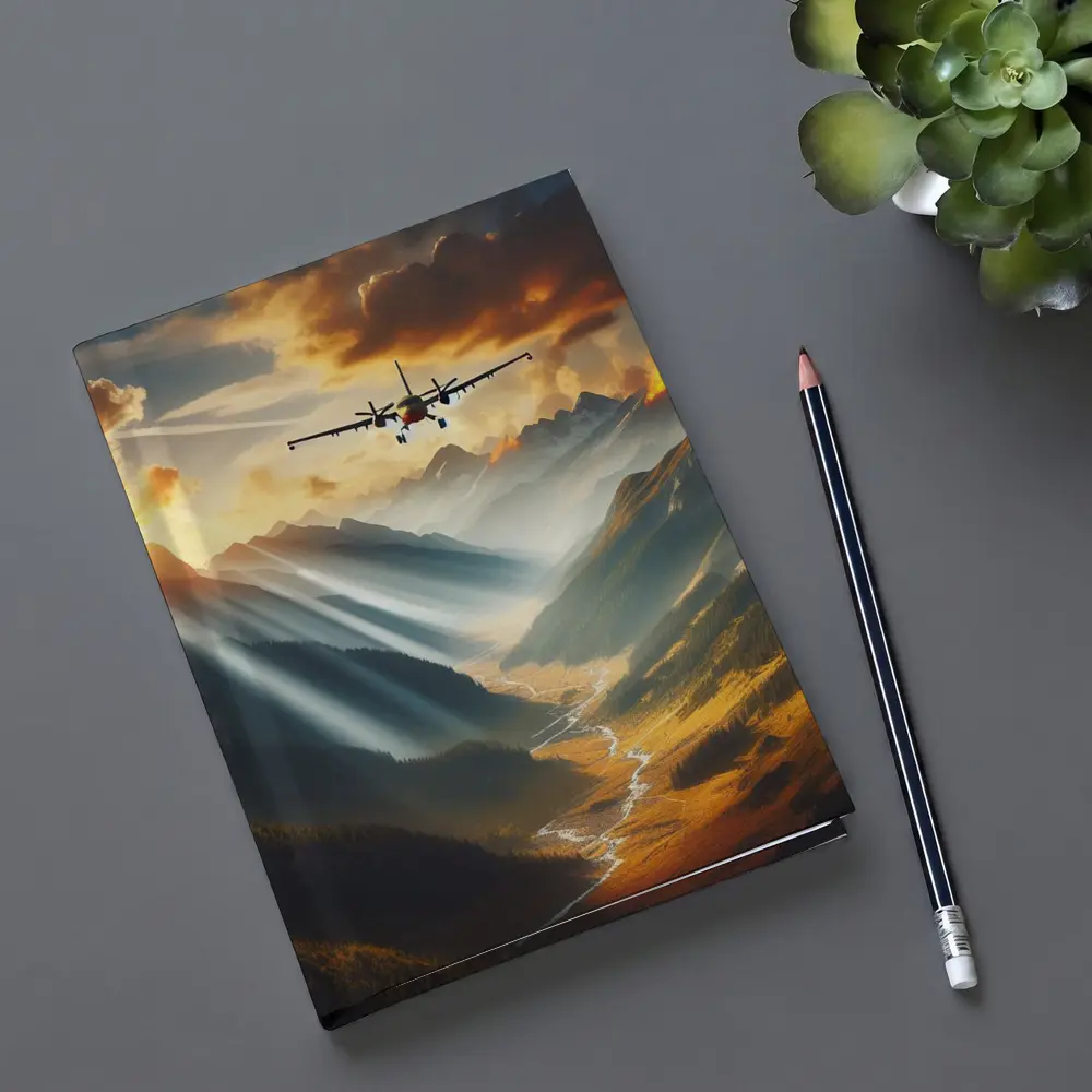 Airplane Flying Over Mountain Valley Sunset – Notebooks