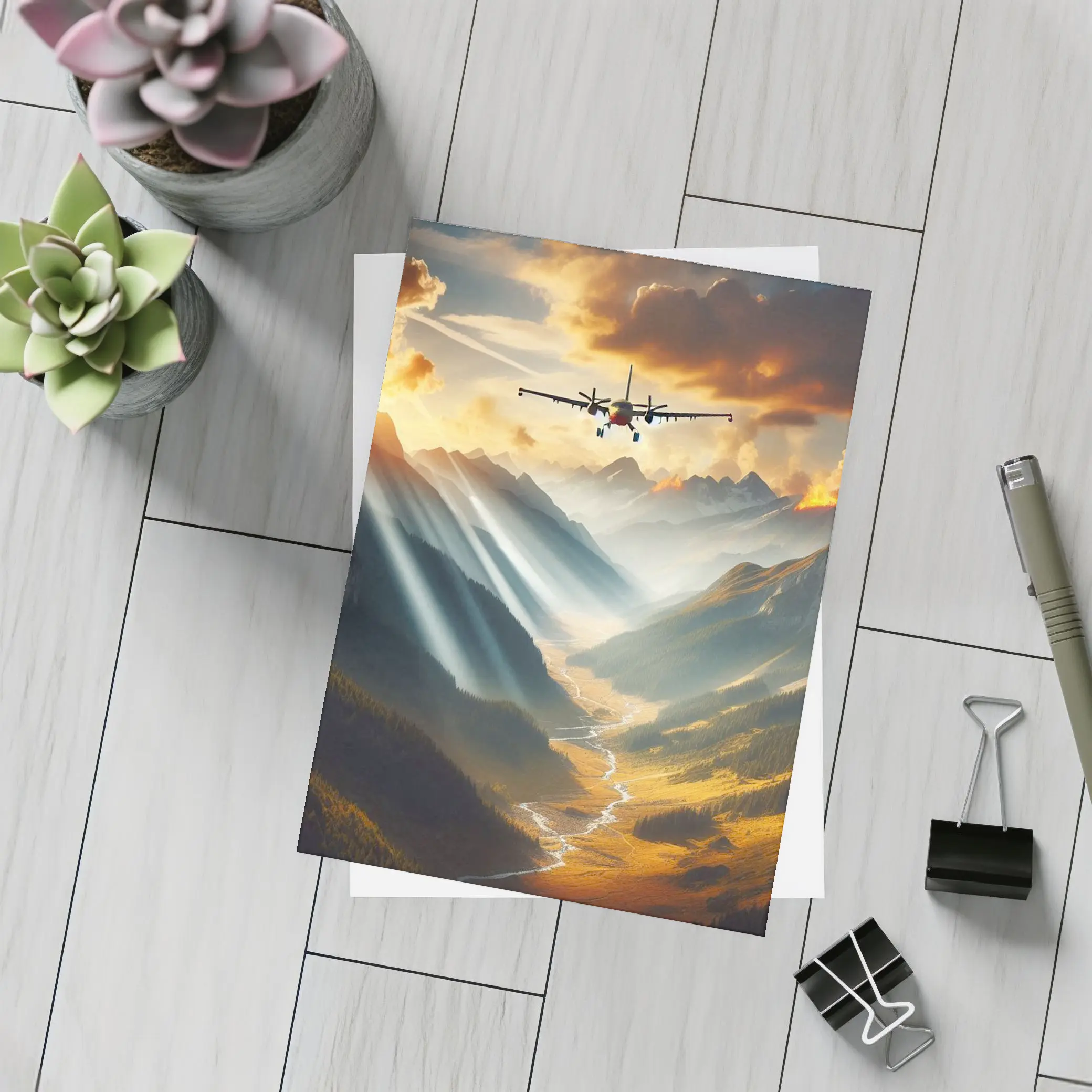 Airplane Flying Over Mountain Valley Sunset – Postcards