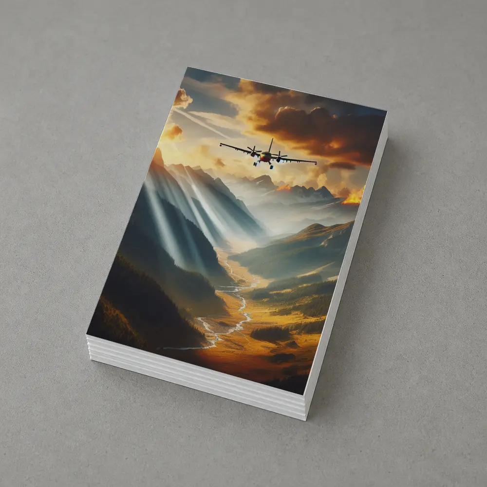 Airplane Flying Over Mountain Valley Sunset – Postcards