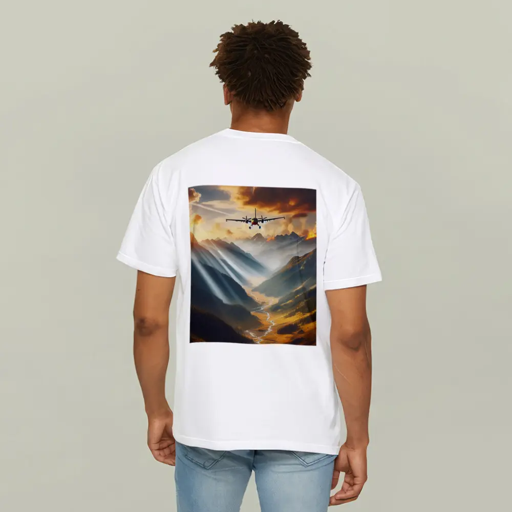Airplane Flying Over Mountain Valley Sunset – T-Shirts