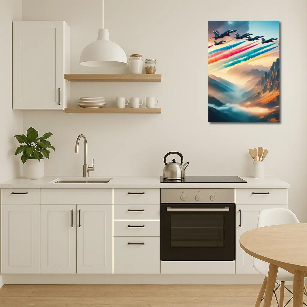 Fighter Jets Colorful Smoke Trail Mountain Valley – Wall Art