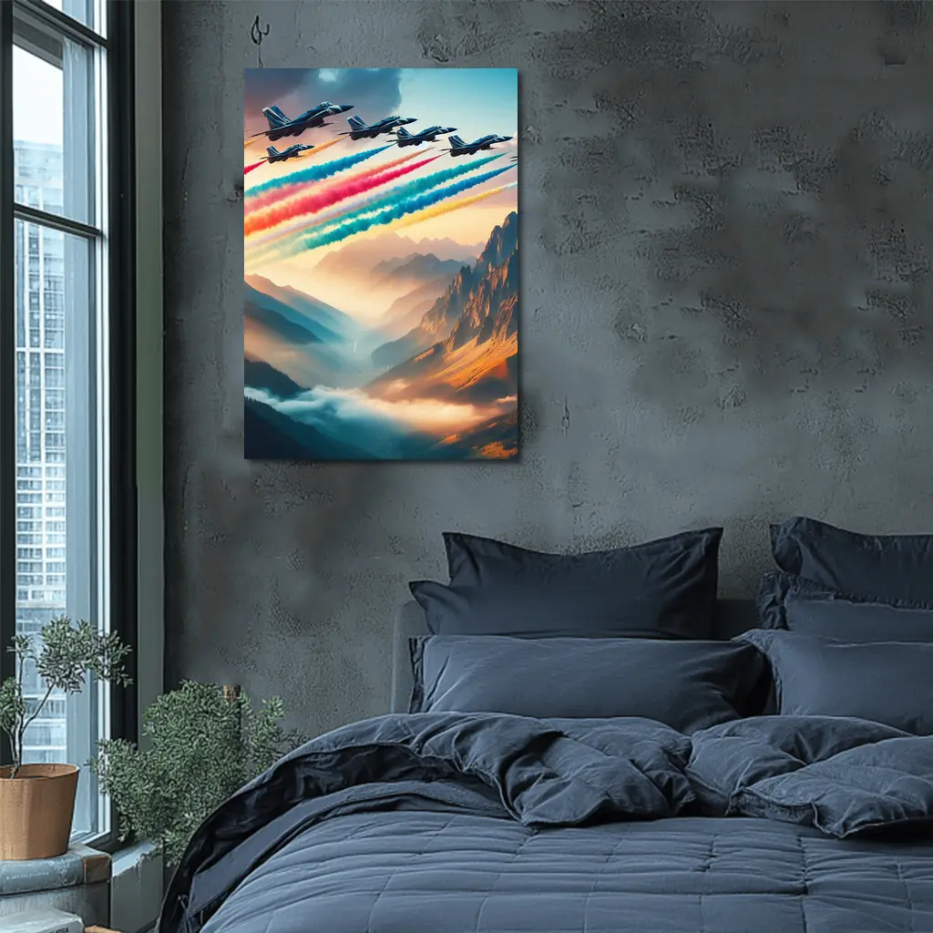 Fighter Jets Colorful Smoke Trail Mountain Valley – Wall Art