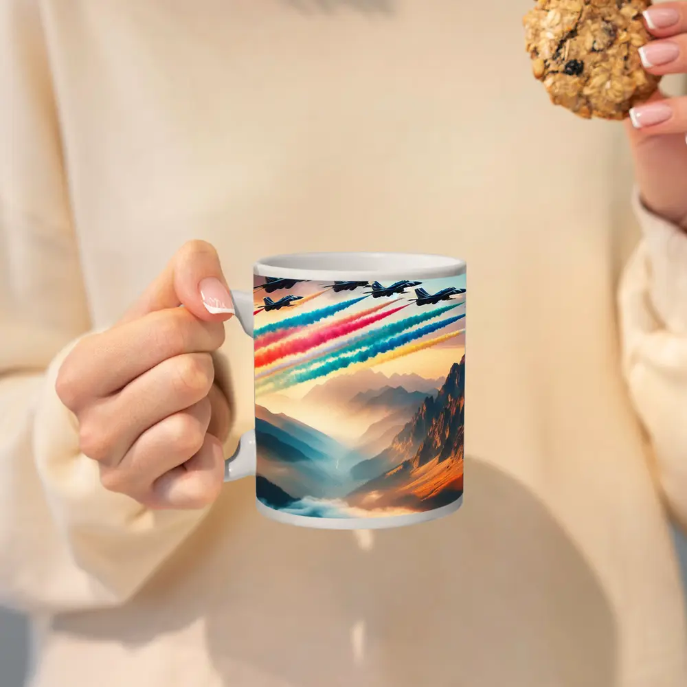 Fighter Jets Colorful Smoke Trail Mountain Valley – Mugs