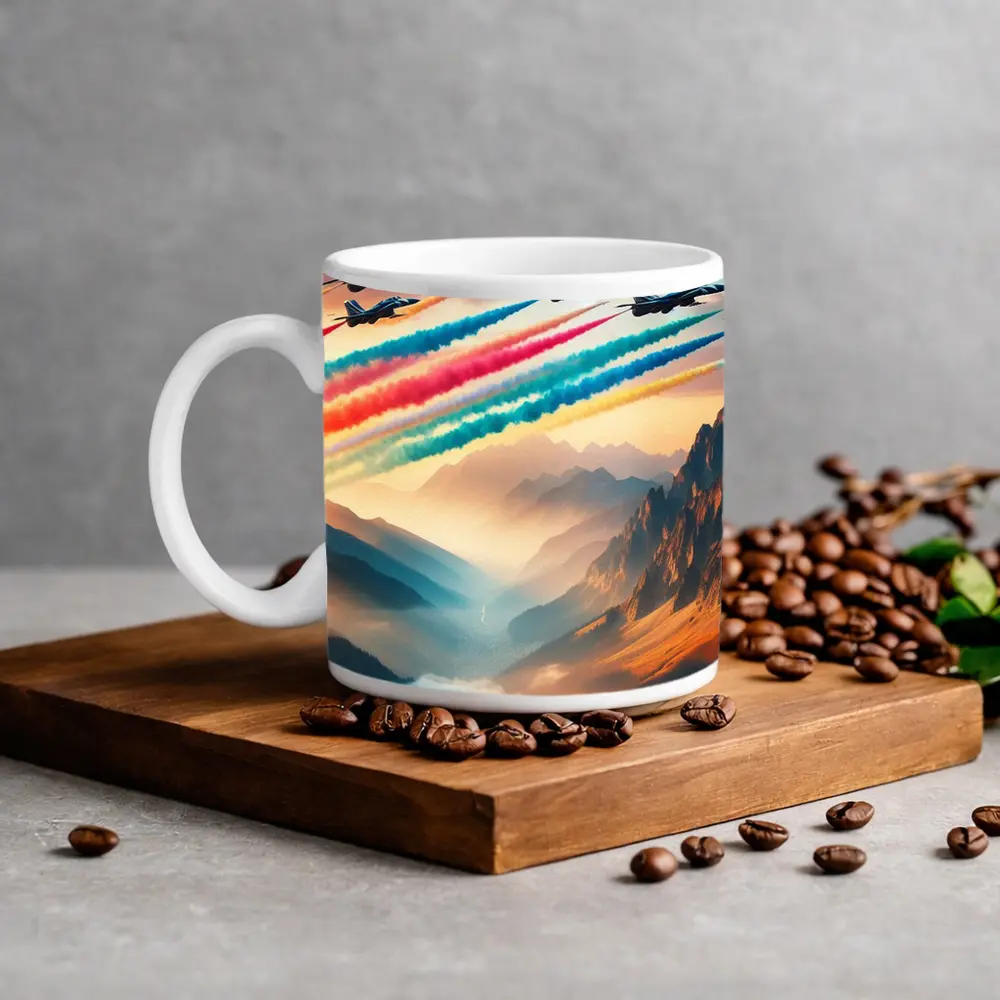Fighter Jets Colorful Smoke Trail Mountain Valley – Mugs