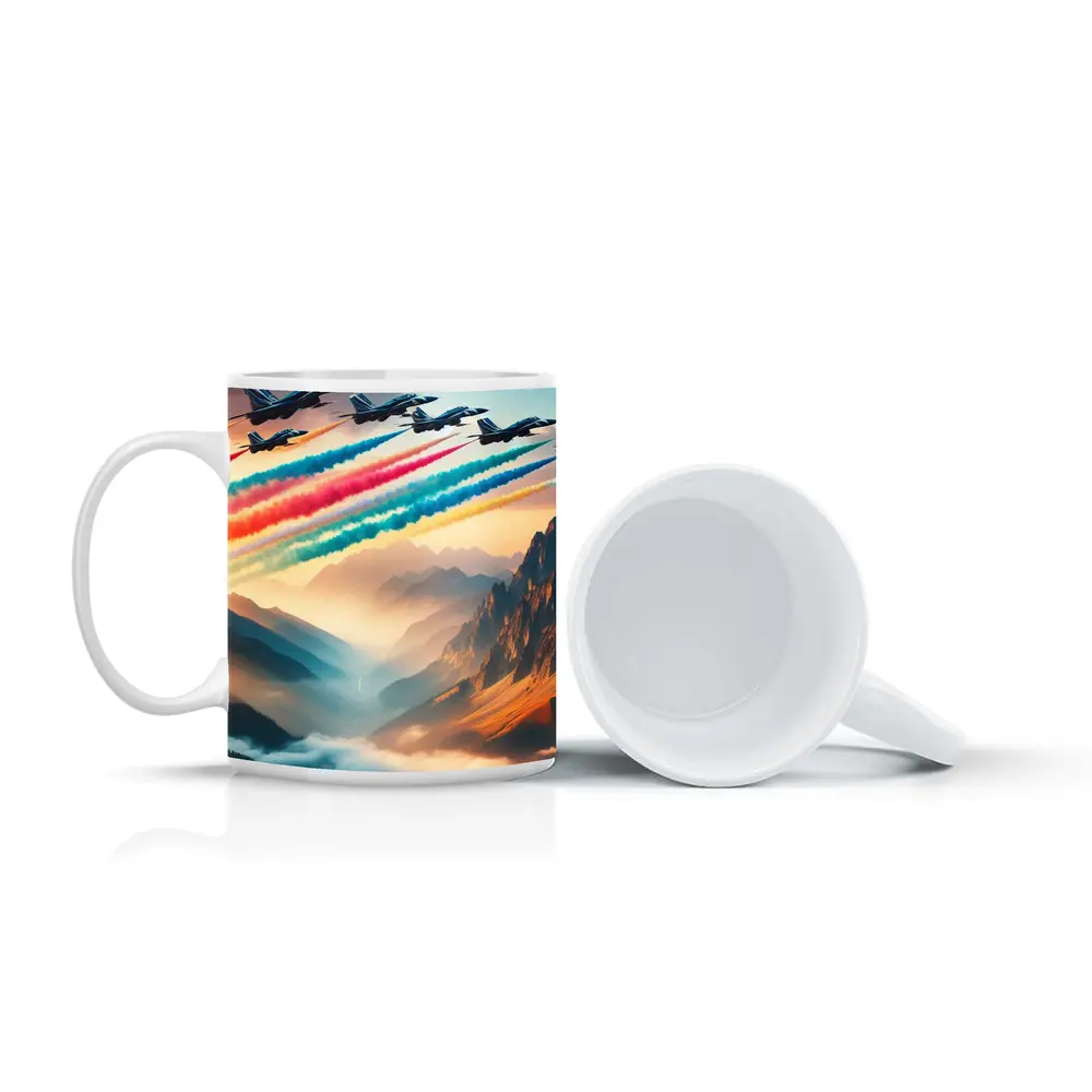Fighter Jets Colorful Smoke Trail Mountain Valley – Mugs
