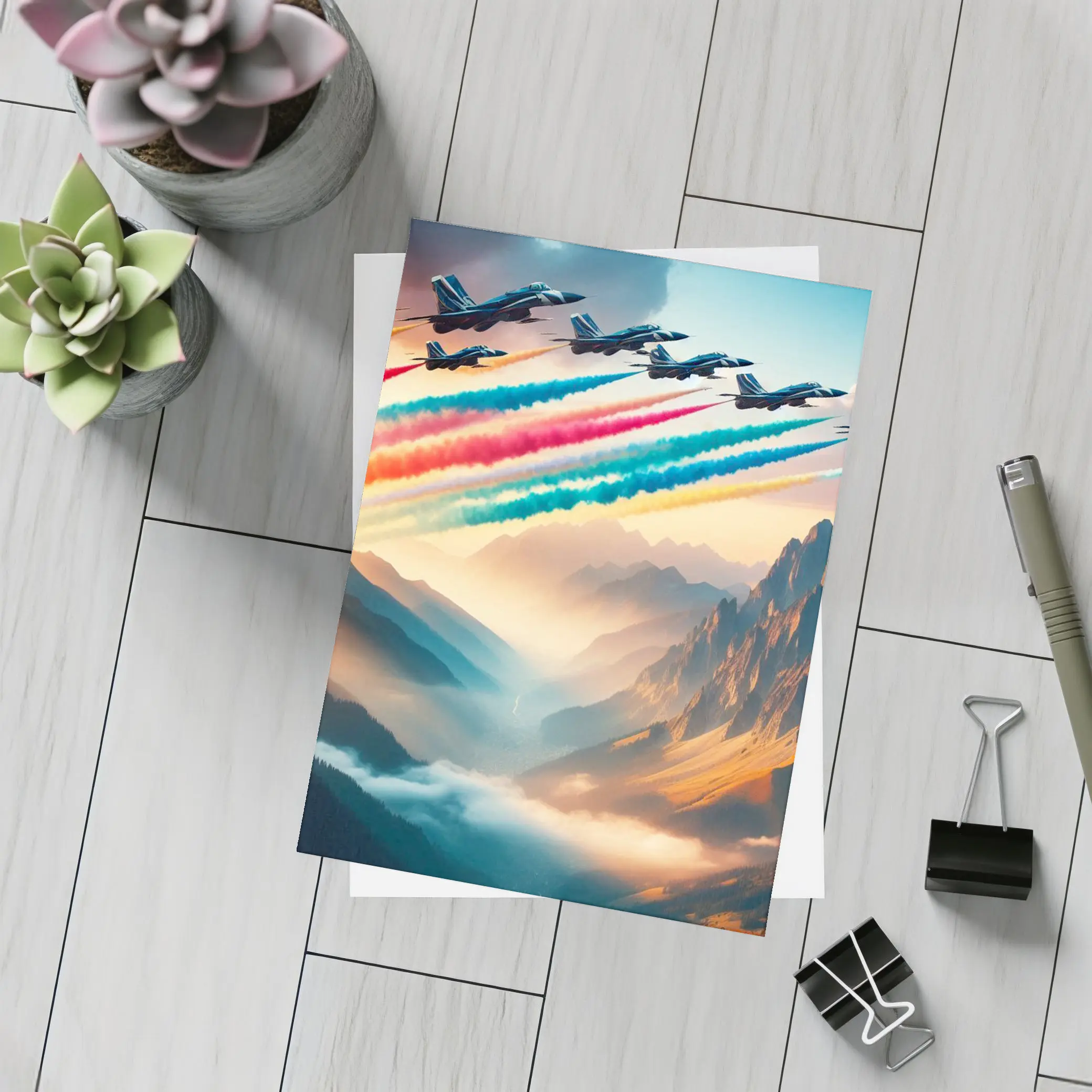 Fighter Jets Colorful Smoke Trail Mountain Valley – Postcards
