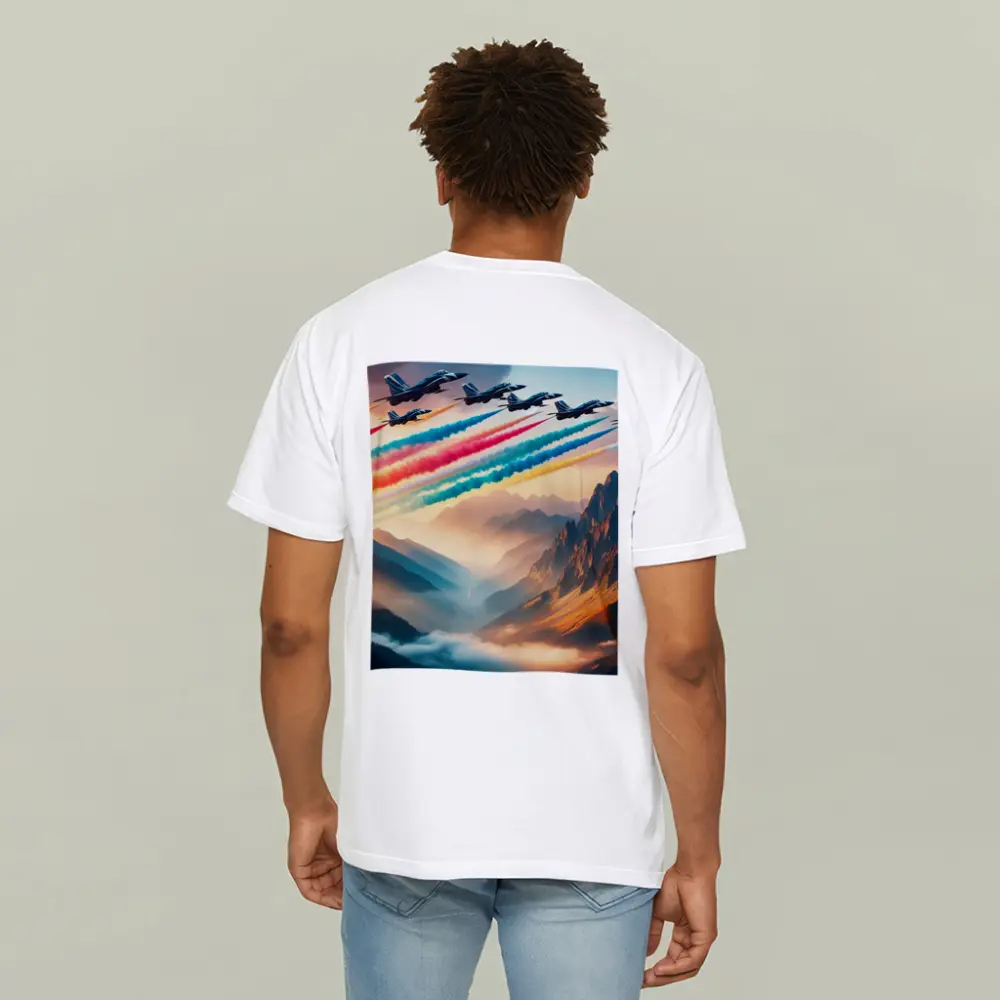 Fighter Jets Colorful Smoke Trail Mountain Valley – T-Shirts