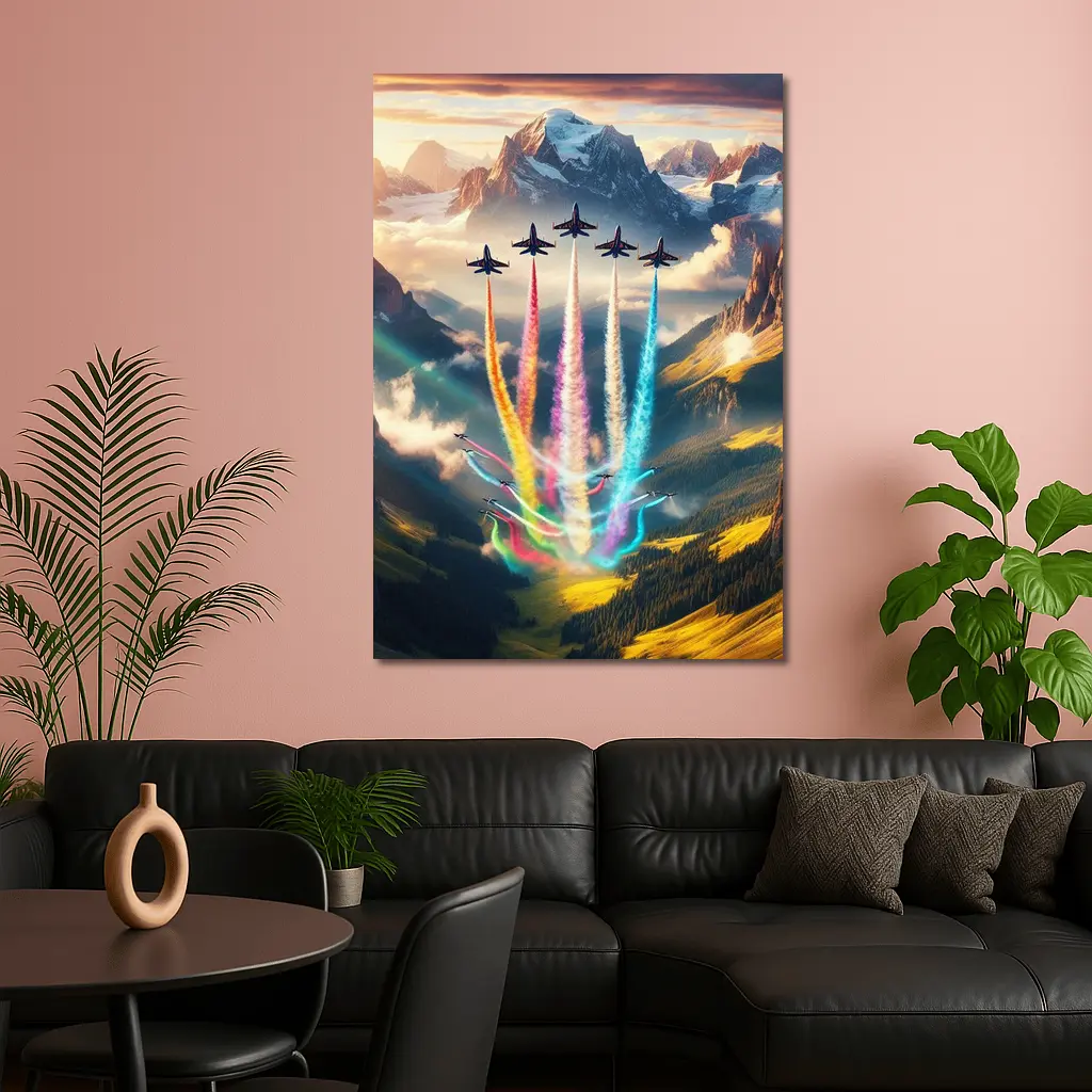 Fighter Jets Colorful Smoke Alpine Mountains – Wall Art