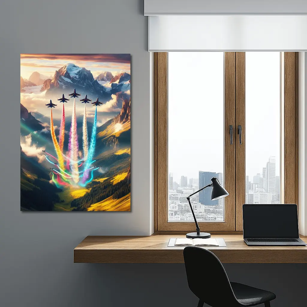 Fighter Jets Colorful Smoke Alpine Mountains – Wall Art