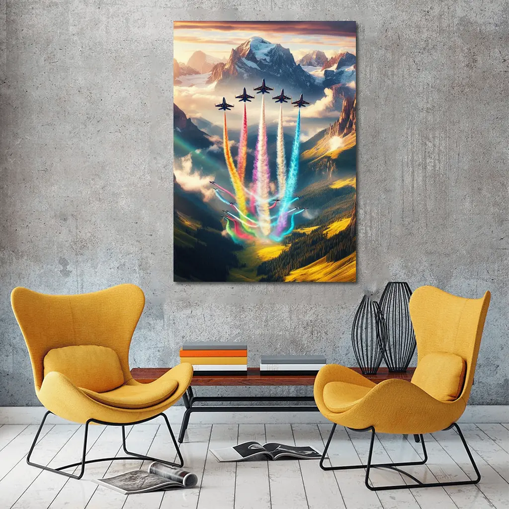 Fighter Jets Colorful Smoke Alpine Mountains – Wall Art