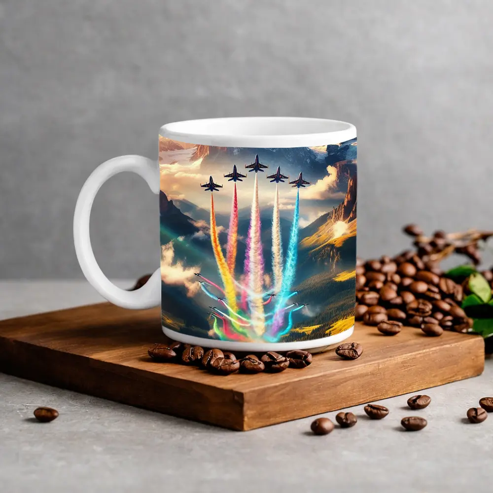 Fighter Jets Colorful Smoke Alpine Mountains – Mugs